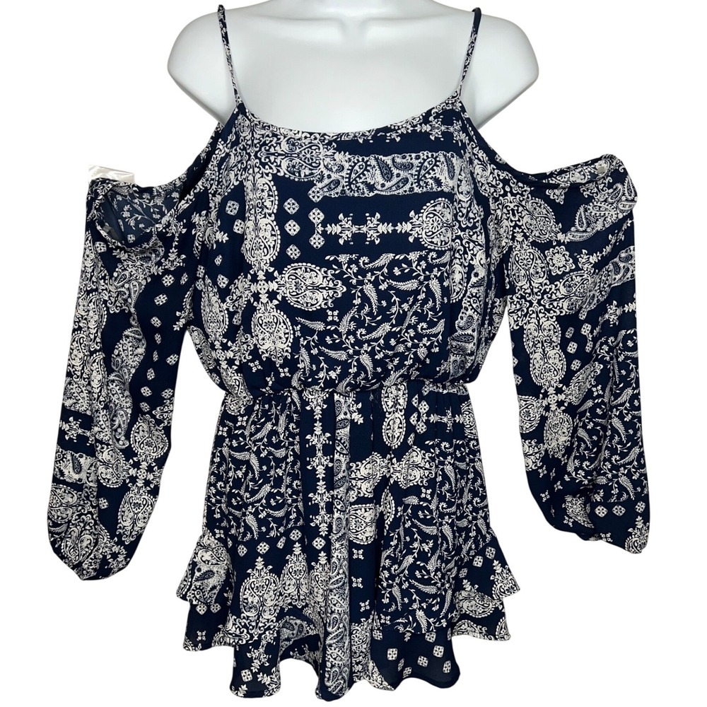 Altered State, Womens paisley Cold Shoulder Romper Mini Dress, Tie Front
